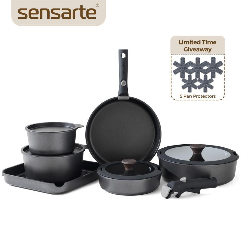 [Christmas Gift]Sensarte Stackable 17Pcs Pots and Pans Set, Nonstick Cookware with Detachable Handle, Dishwasher & Oven Safe, PFAS PFOA&PTEE Free