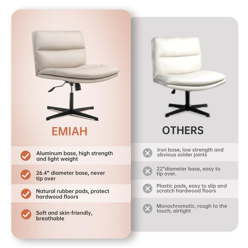 EMIAH Armless Office Desk Chair No Wheels Pu-Padded Vanity Mid-Back Ergonomic Home Computer Comfortable Adjustable Swivel Task Chair with Thickened Cushion Officechair Upgrade