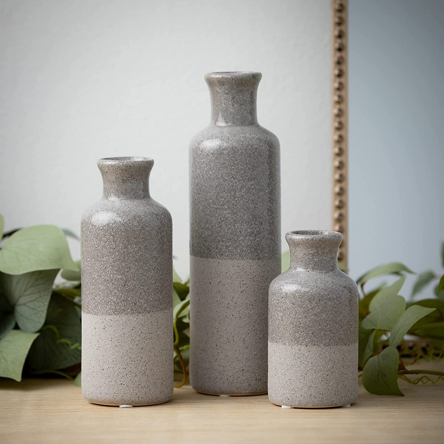 Ceramic Gray Vase Set, Three (3) Grey Vases Home Décor, Gray Decorative Bottles, Gray Vases for Centerpieces Home Decoration CM2859