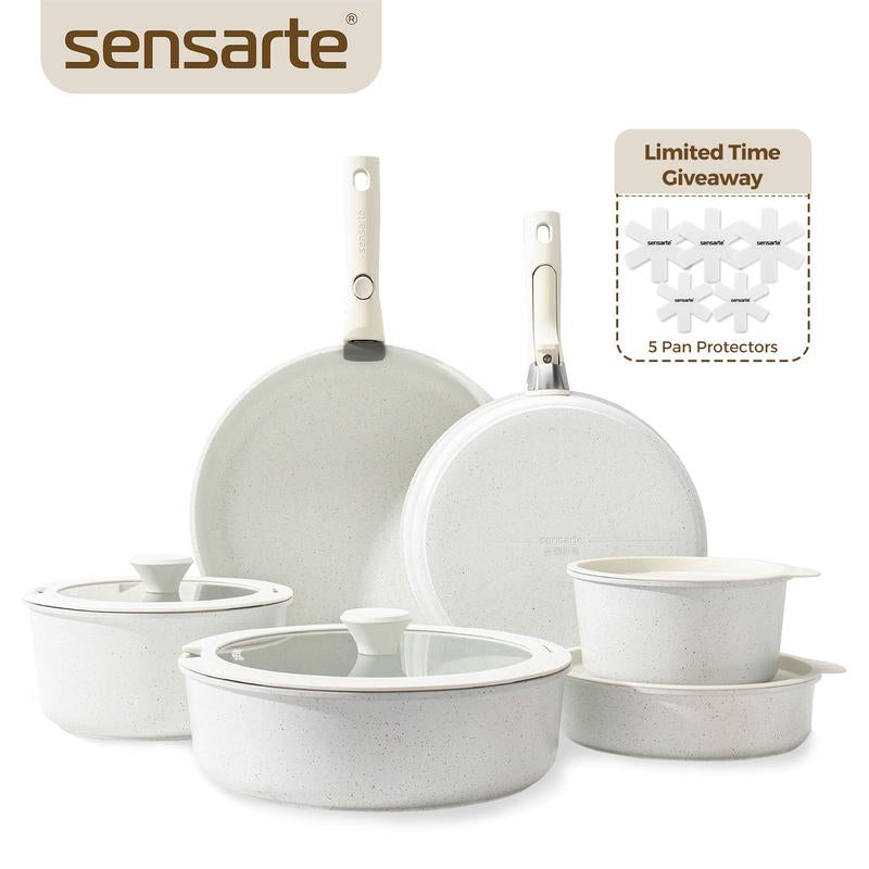 [Christmas Gift]Sensarte Stackable 17Pcs Pots and Pans Set, Nonstick Cookware with Detachable Handle, Dishwasher & Oven Safe, PFAS PFOA&PTEE Free