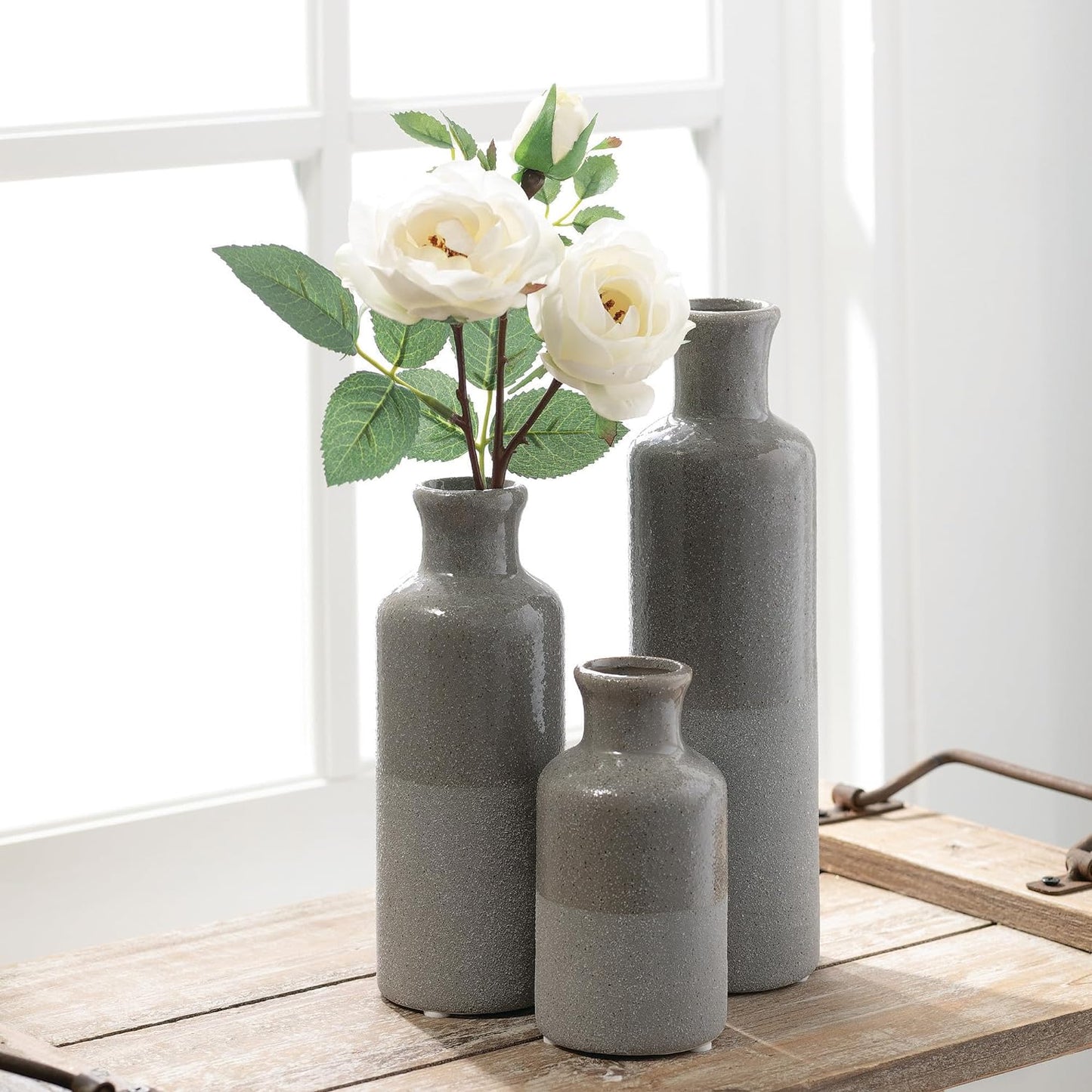 Ceramic Gray Vase Set, Three (3) Grey Vases Home Décor, Gray Decorative Bottles, Gray Vases for Centerpieces Home Decoration CM2859