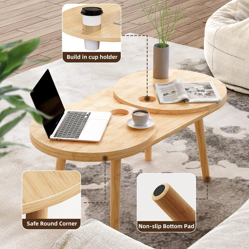 Coffee Table,Modern Coffee Table for Living Room,Rotatable Small round Nesting Tables Built in Holder,Expandable Bamboo Mid Century Oval Home Furniture for Apartment,Office,Caravans