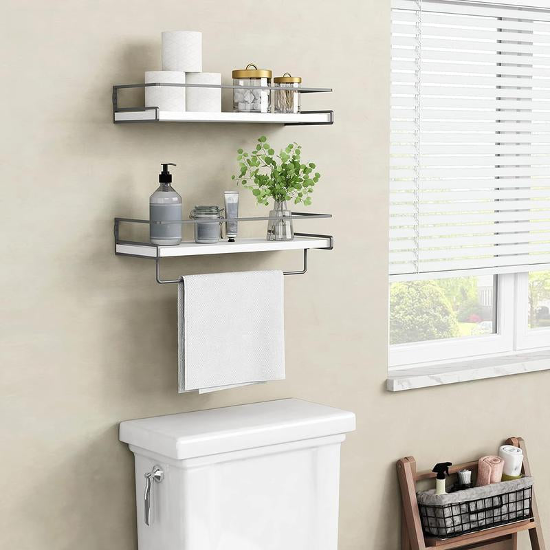 White Floating Shelves for Bathroom Organizer over Toilet, Bathroom Shelves Wall Mounted with Towel Rack, Corner Wall Shelf for Bedroom Decor Kitchen Storage (White-Dark Grey, Set of 2),Practical Gift