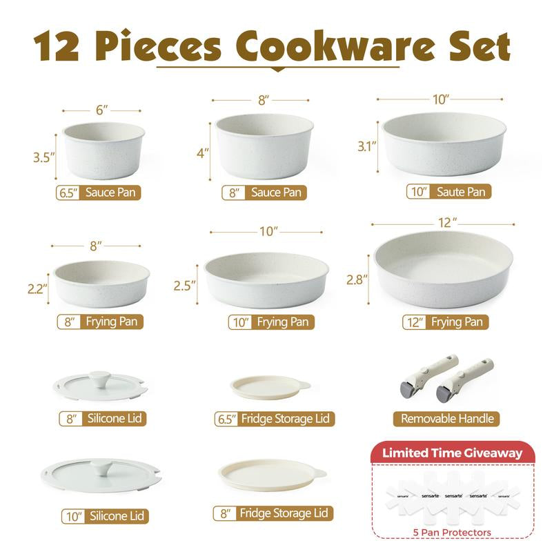 [Christmas Gift]Sensarte Stackable 17Pcs Pots and Pans Set, Nonstick Cookware with Detachable Handle, Dishwasher & Oven Safe, PFAS PFOA&PTEE Free